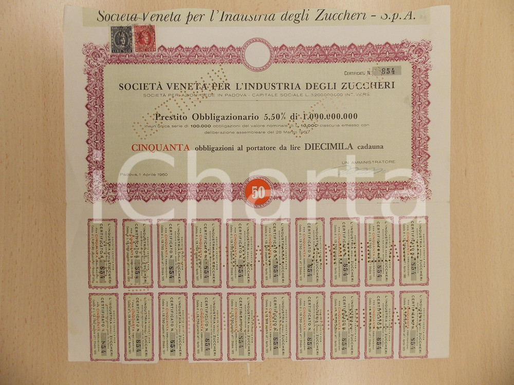 Oggetto da collezione cartaceo 1960 PADOVA Società Veneta Industria Zuccheri Certificato obbligazioni cedole 1
