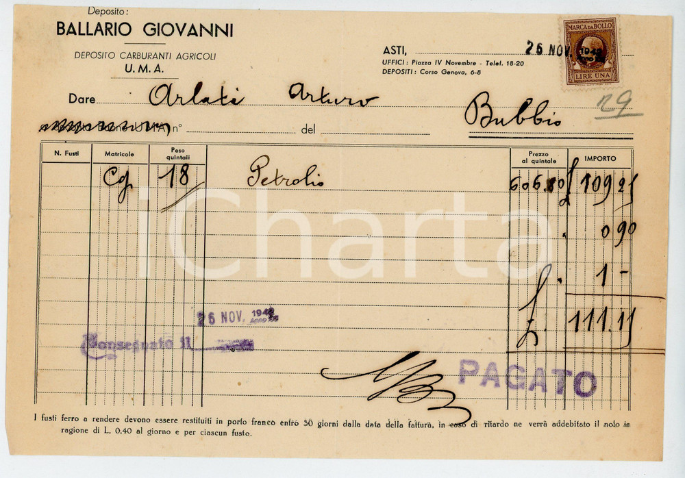 Documento originale, autentico 1942 ASTI Deposito carburanti agricoli Giovanni BALLARIO Fattura per petrolio 1