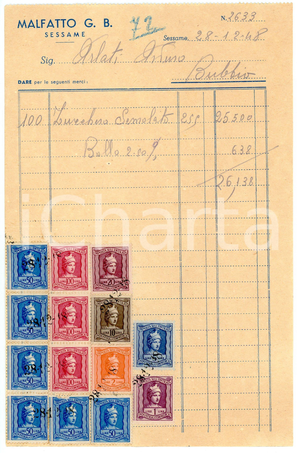 Documento originale, autentico 1948 SESSAME Alimentari G. B. MALFATTO Fattura per zucchero semolato 13x21 cm 1