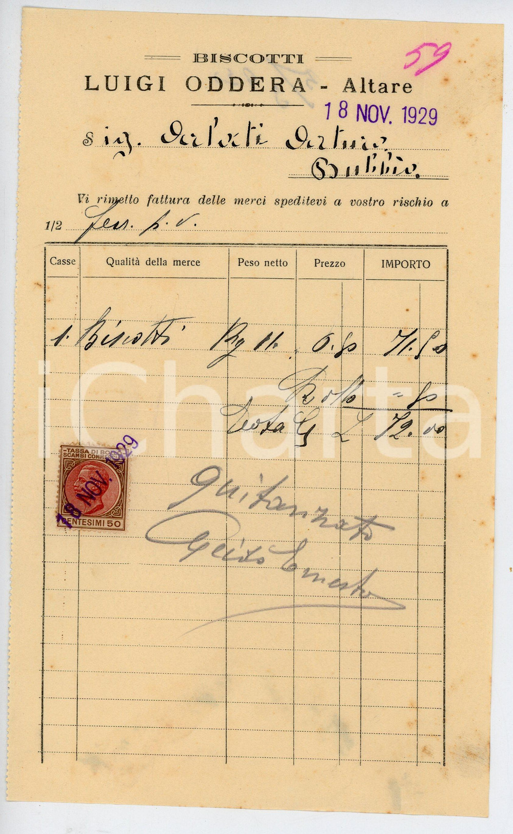 Documento originale, autentico 1929 ALTARE Biscottificio Luigi ODDERA Fattura per biscotti  13x22 cm 1 1