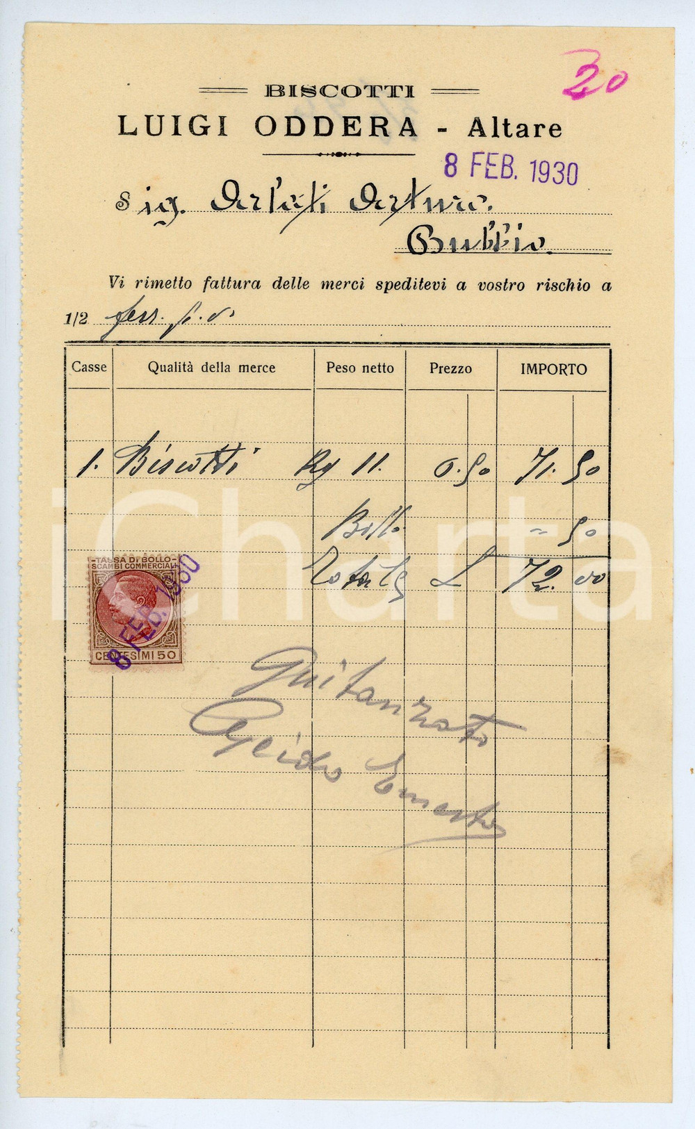 Documento originale, autentico 1930 ALTARE Biscottificio Luigi ODDERA Fattura per biscotti  13x22 cm 2 1