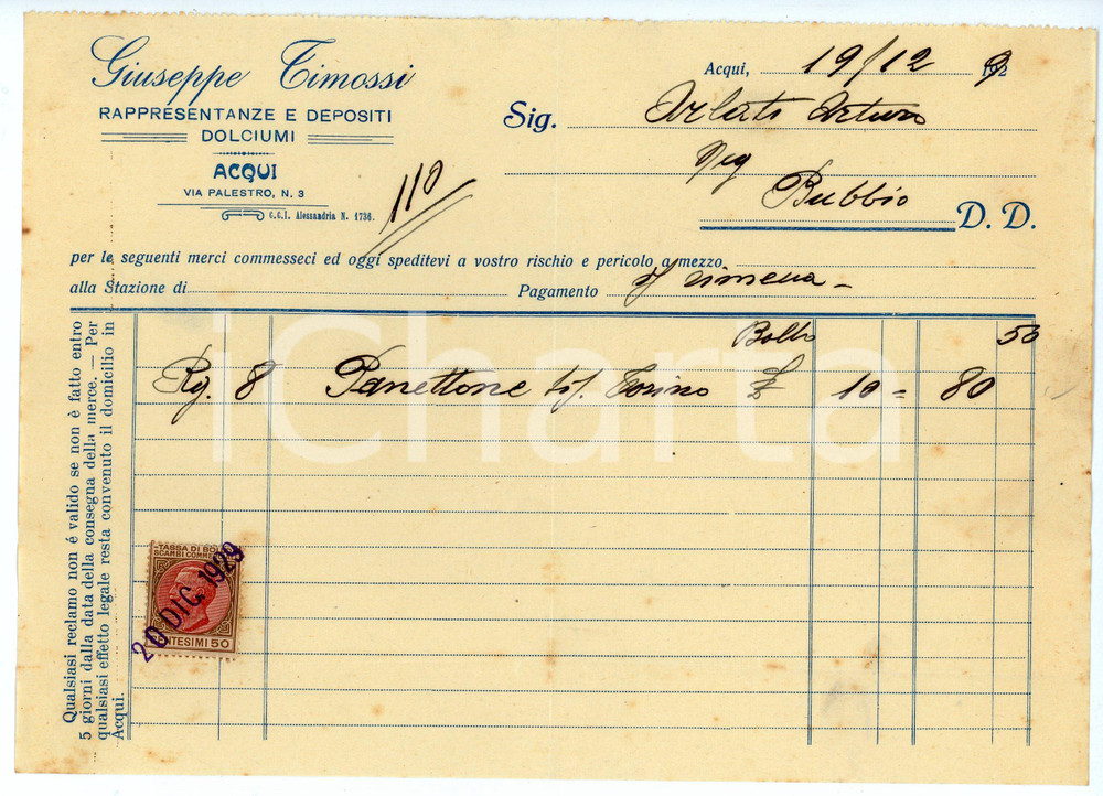 Documento originale, autentico 195 ACQUI TERME Dolciumi Giuseppe TIMOSSI Fattura per panettone 22x16 cm 1