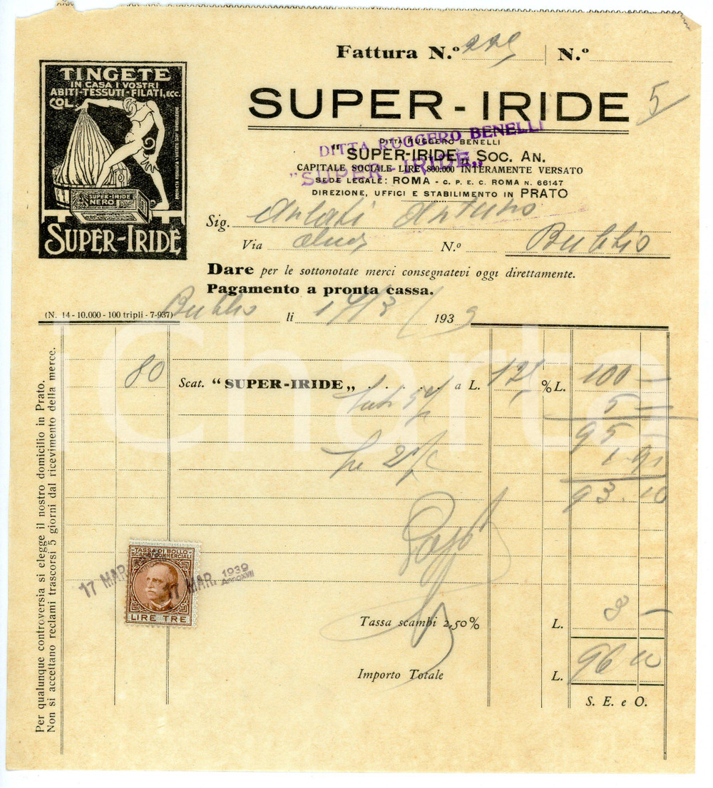 Documento originale, autentico 1939 PRATO Ditta Ruggero BENELLI SUPERIRIDE per tintura Fattura 18x21 cm 1