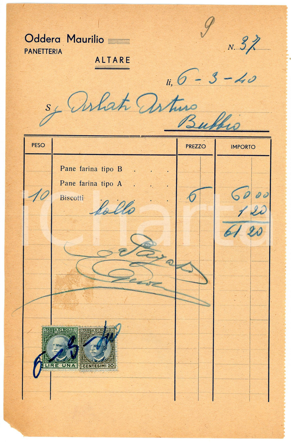 Documento originale, autentico 1940 ALTARE Panetteria Maurilio ODDERA Fattura per biscotti  14x22 cm 1 1
