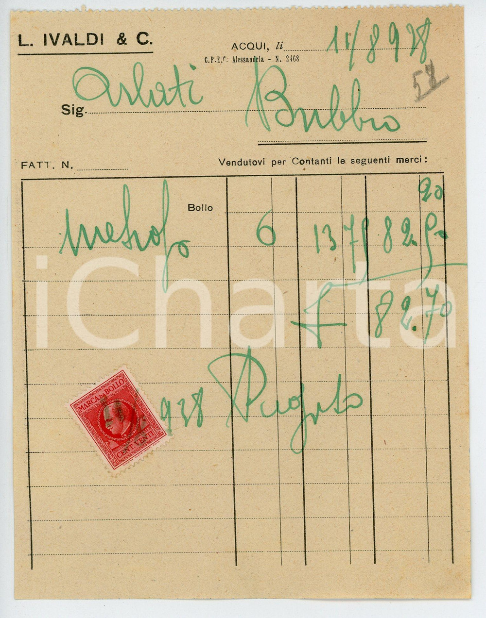 1928 ACQUI TERME Ditta L. IVALDI Fattura 12x15 cm Fattura d'epoca. CONDIZIONI:FAIR/discreto Lievi brunitureFORMATO: 12x15 cm originale e autentica 1