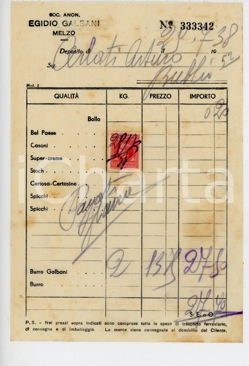 Documento originale, autentico 1938 MELZO Soc. An. Egidio GALBANI Fattura per burro  13x20 cm 1 1