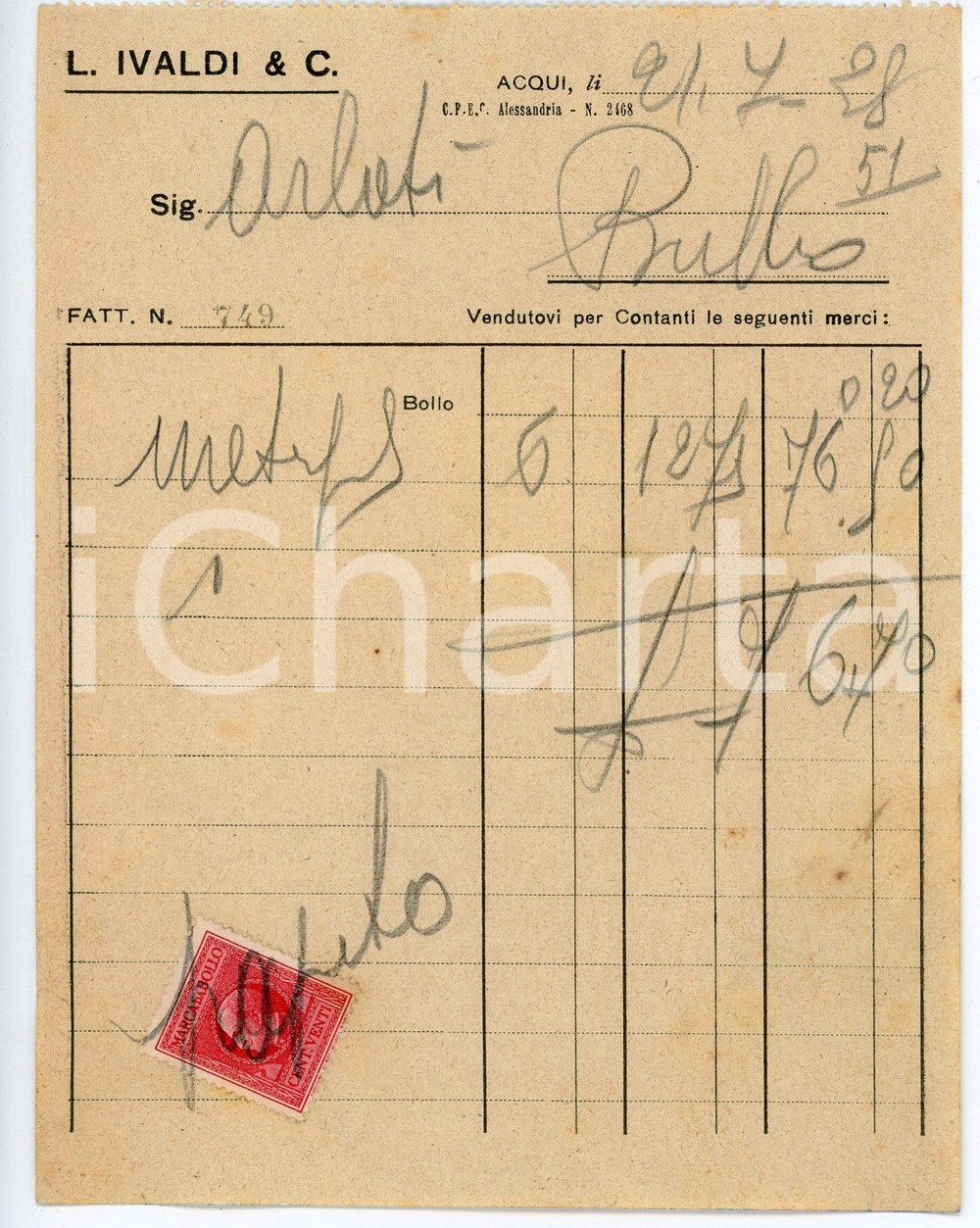 Documento originale, autentico 1937 ACQUI TERME Ditta L. IVALDI Fattura 12x15 cm 2 1