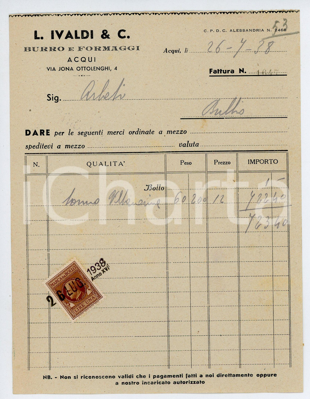 Documento originale, autentico 1938 ACQUI TERME Ditta L. IVALDI Burro e formaggi  Fattura 13x17 cm 1