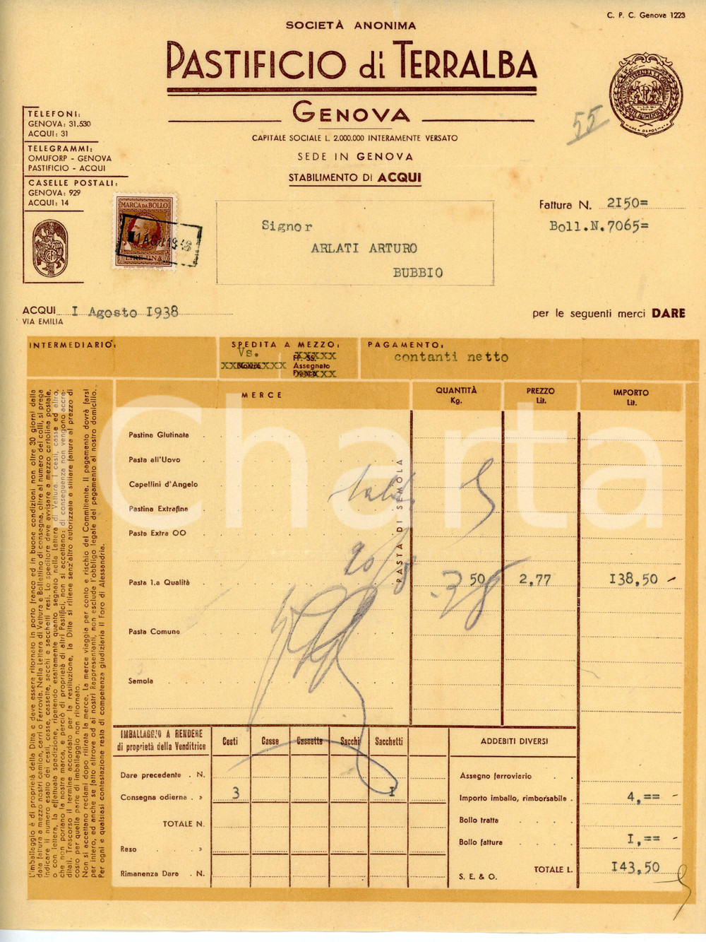 Documento originale, autentico 1938 GENOVA Pastificio di TERRALBA Fattura per pasta di prima qualità 1 1