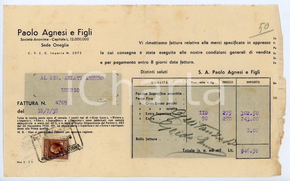 Documento originale, autentico 1938 ONEGLIA Ditta Paolo AGNESI E FIGLI Fattura per pasta extra superiore 1