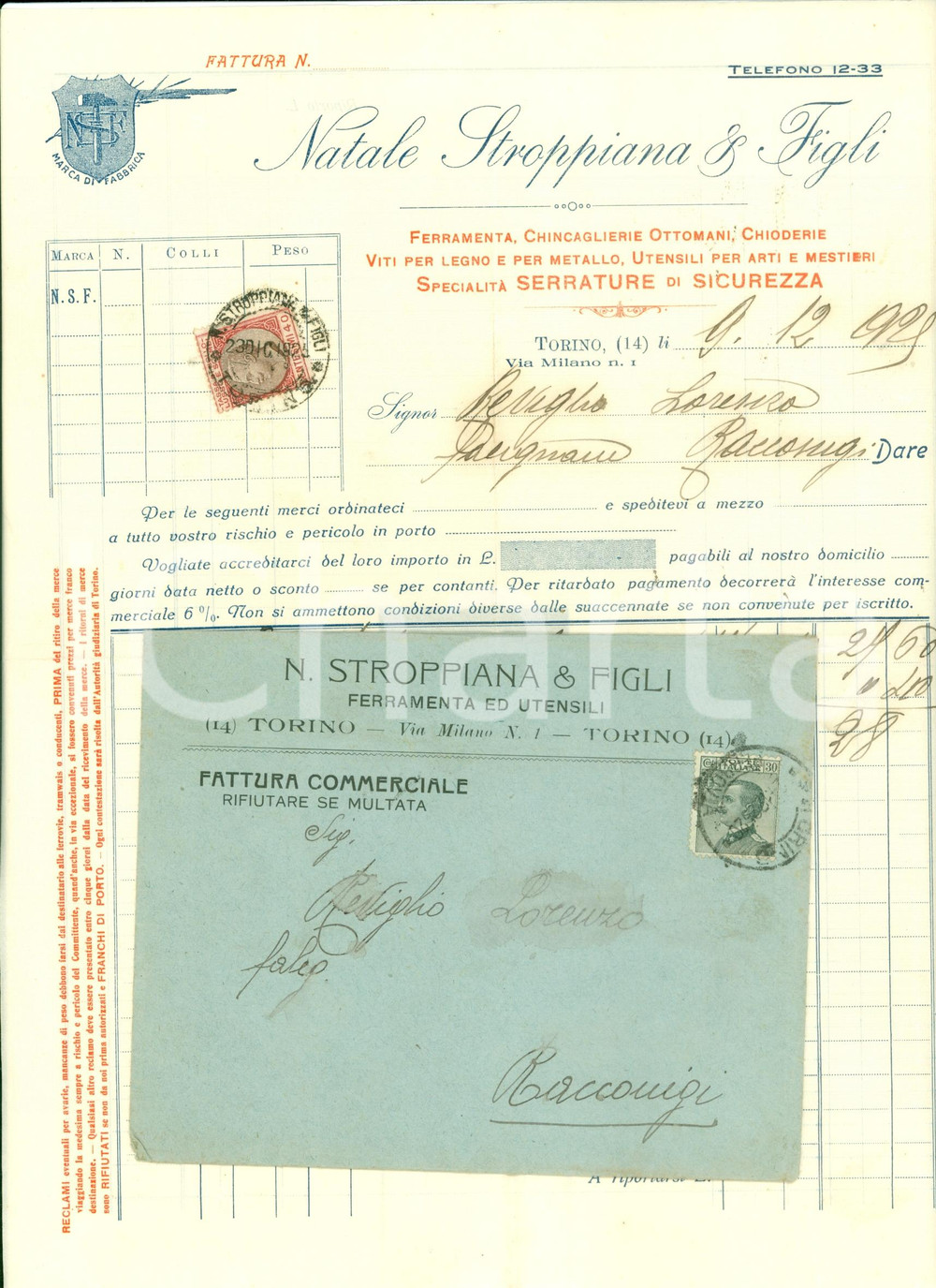 Documento originale, autentico 1929 TORINO Natale STROPPIANA ferramenta chincaglierie serrature ILLUSTRATA 1