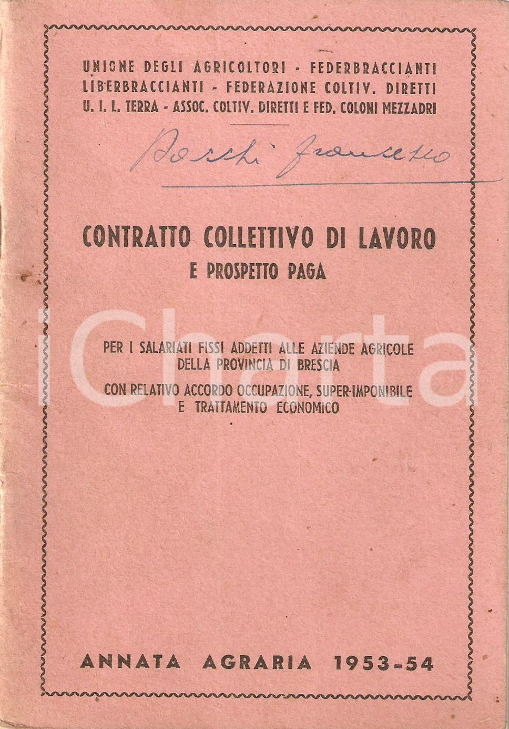 Libro, pubblicazione d epoca 1953  1954 UNIONE AGRICOLTORI Contratto di lavoro salariati aziende agricole 1
