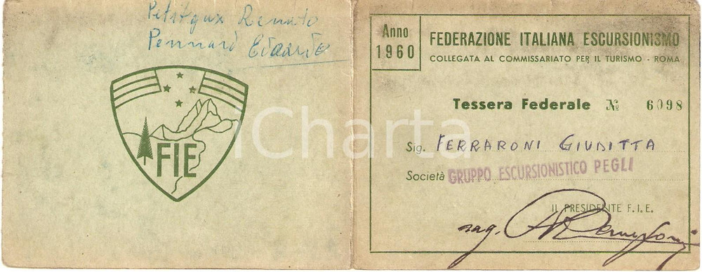1960 PEGLI Gruppo escursionistico Tessera FEDERAZIONE ITALIANA ESCURSIONISMO DATA: 1960LUOGO: PEGLI (GE) TITOLO: FIE - FEDERAZIONE ITALIANA ESCURSIONISMOTESSERA FEDERALEGRUPPO ESCURSIONISTICO PEGLI DESCRIZIONE: Tessera illustrata d'epoca.Note manoscritte al verso.CONDIZIONI: mediocri (ma smussature agli angoli e macchie diffuse)FORMATO: 10 x 8 cm  Tessera d'epoca, originale, autentica.   originale e autentica 1