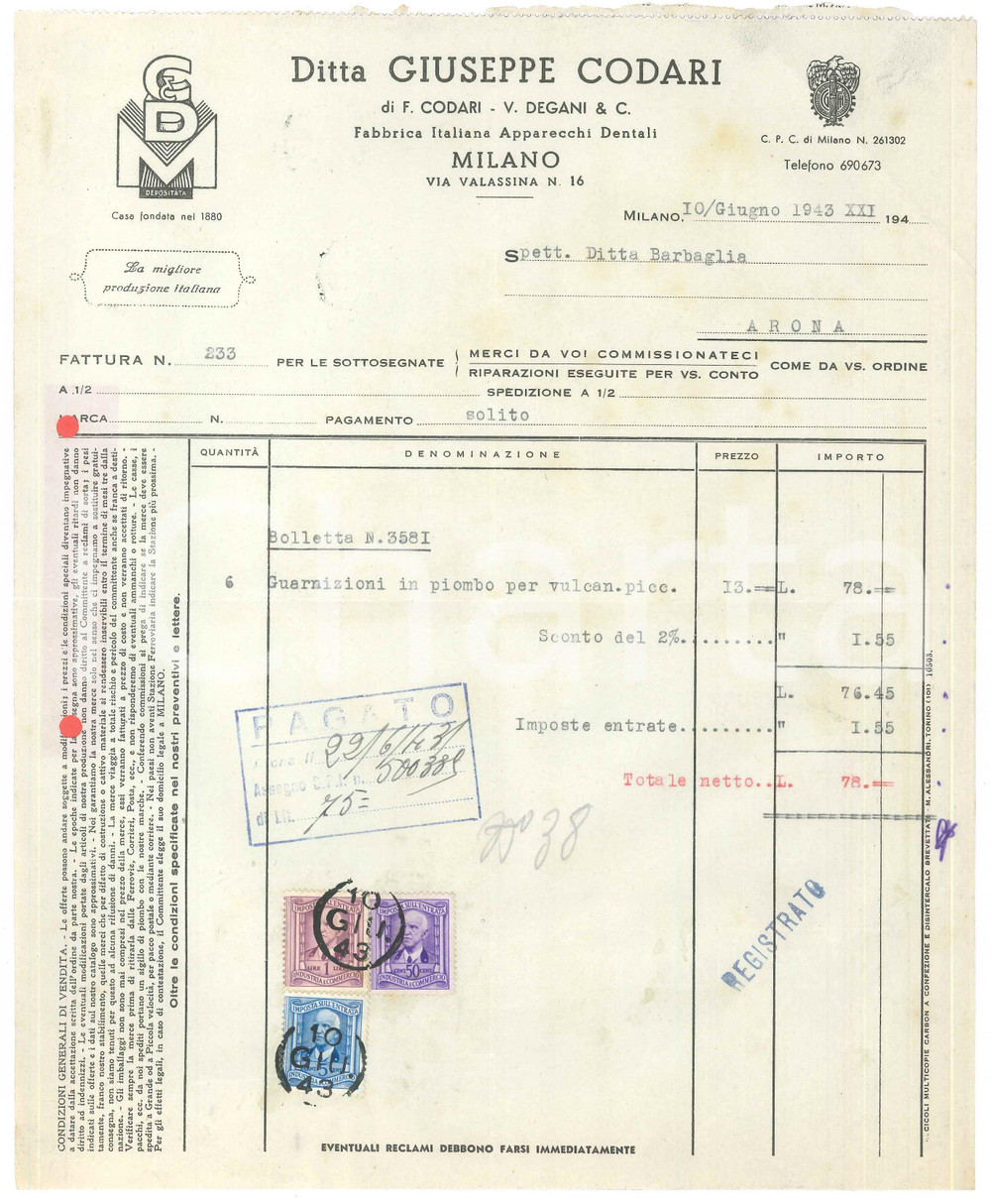 Documento originale, autentico 1943 MILANO Via Valassina 16  Ditta Giuseppe CODARI Apparecchi dentali Fattura 1