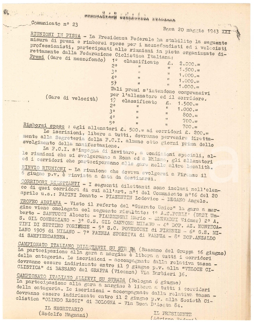 Documento originale, autentico 1943 CONI CICLISMO Campionato italiano su strada  Trofeo Adriana Comunicato 1