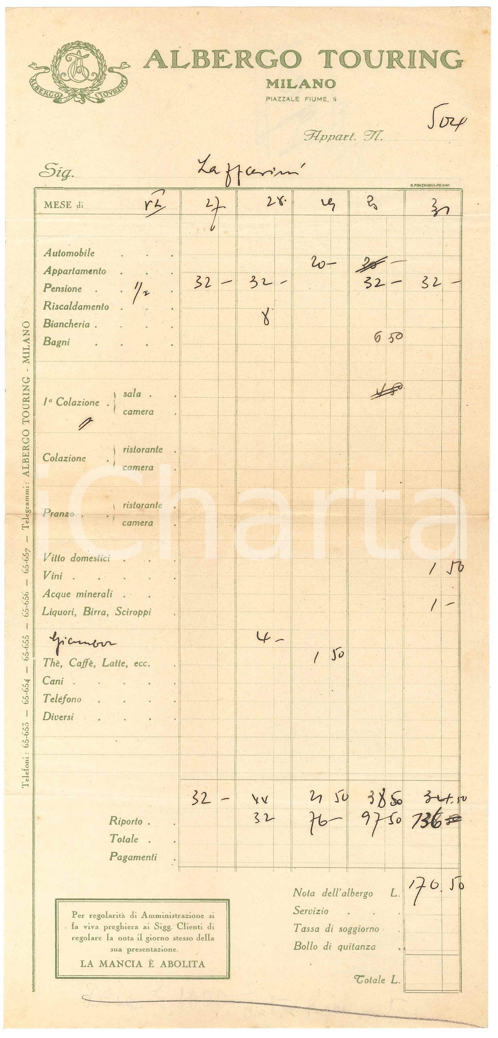 Documento originale, autentico 1920 ca MILANO Piazzale Fiume 6  Albergo TOURING  Conto su carta intestata 1 1
