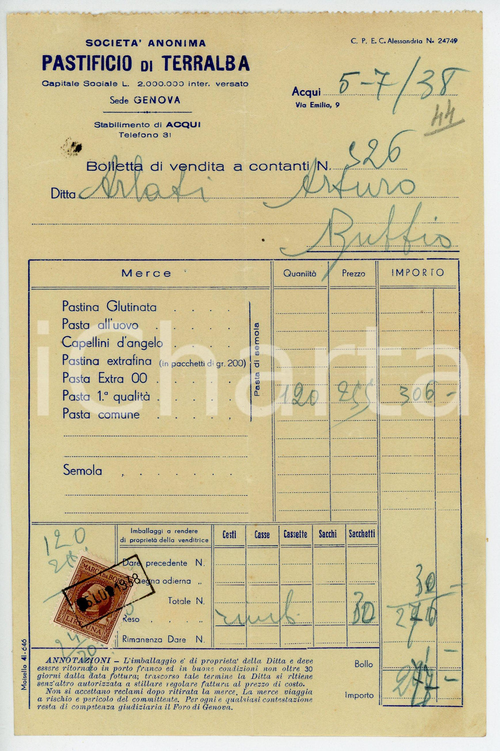 Documento originale, autentico 1938 GENOVA Pastificio di TERRALBA Bolletta di vendita per pasta prima qualità 1