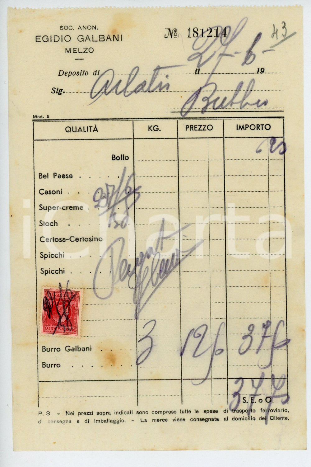 Documento originale, autentico 1943 MELZO Soc. An. Egidio GALBANI Fattura per burro  14x21 cm 1