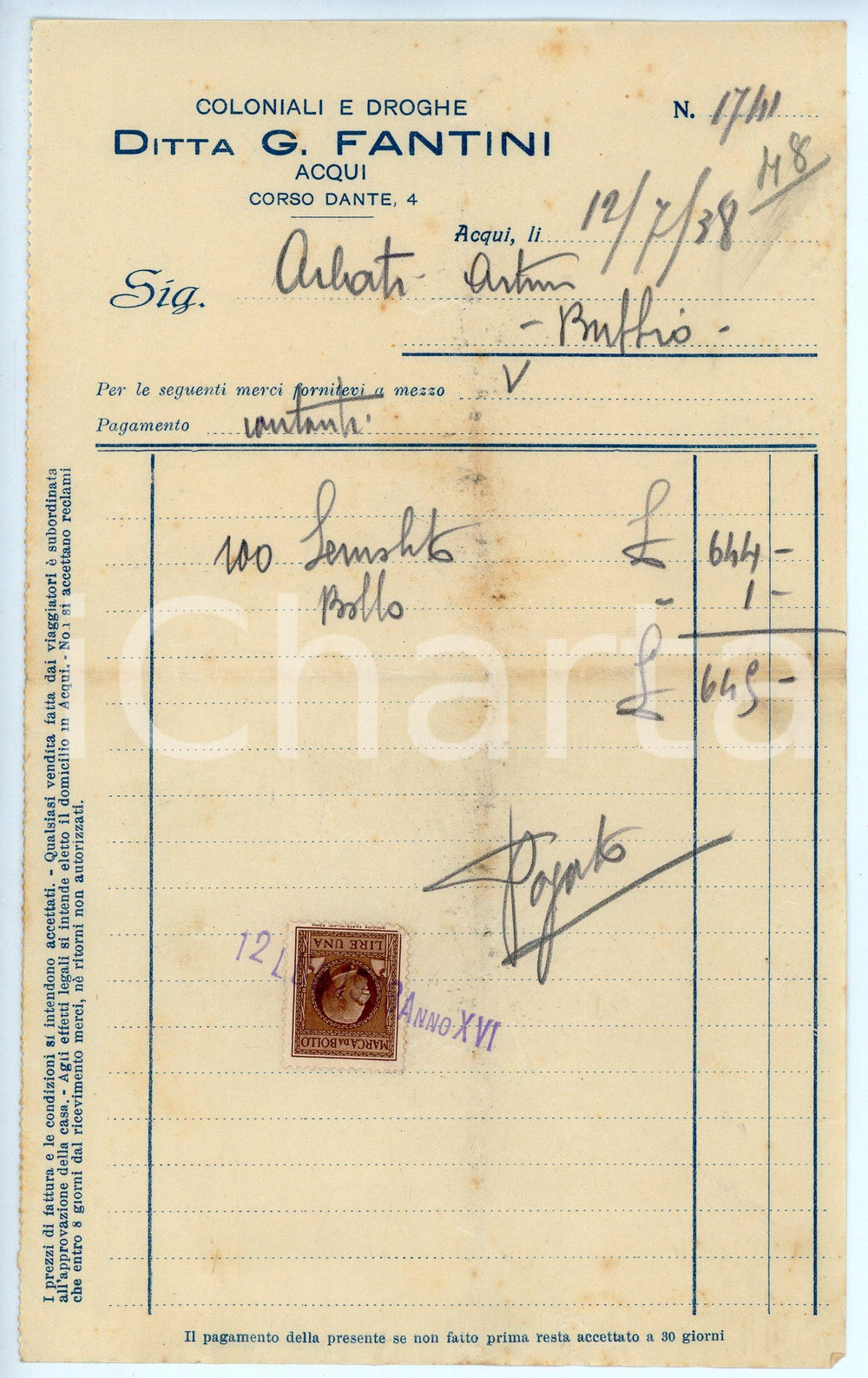 Documento originale, autentico 1938 ACQUI TERME Ditta G. FANTINI Coloniali e droghe  Fattura 13x22 cm 1