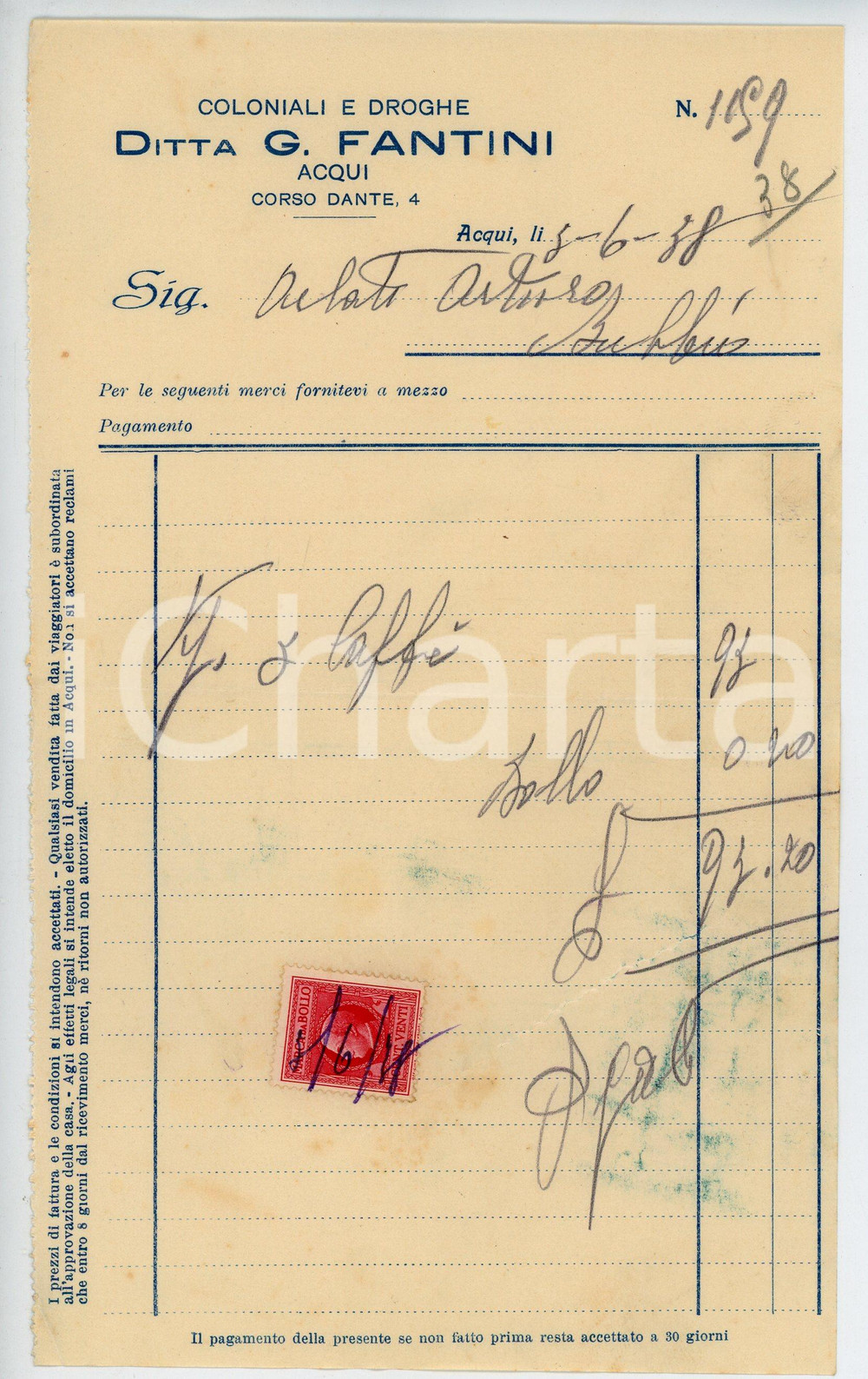 Documento originale, autentico 1938 ACQUI TERME Ditta G. FANTINI Coloniali e droghe Fattura per caffè 13x22 cm 1