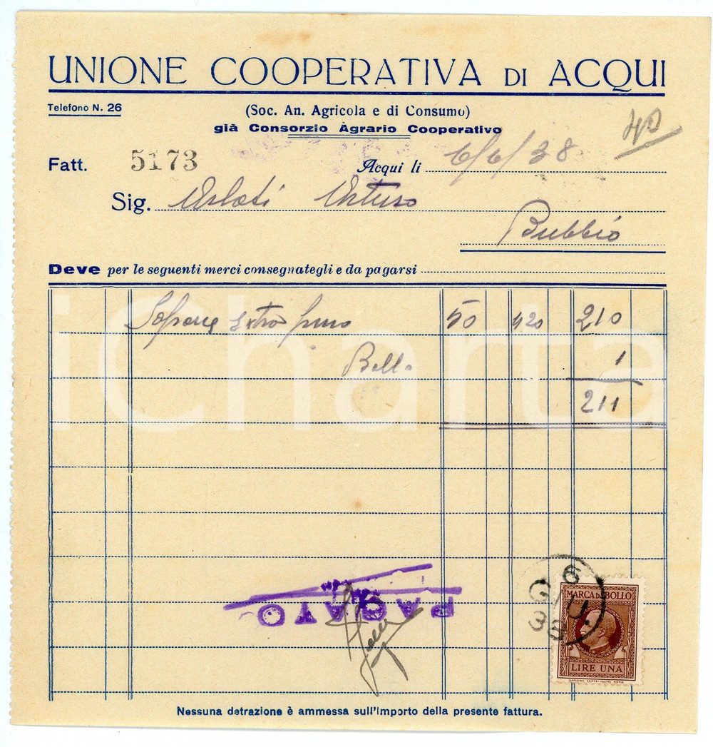 Documento originale, autentico 1938 ACQUI TERME Unione cooperativa  Fattura per sapone 15x15 cm 1