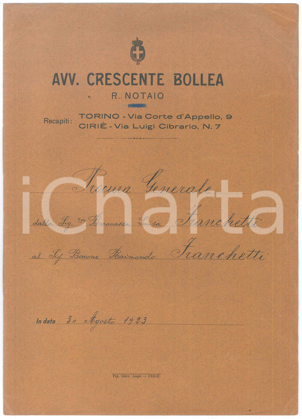 Documento originale, autentico 1923 VIU  Procura baronessa Sara Luisa ROTSCHILD a nipote Raimondo FRANCHETTI 1