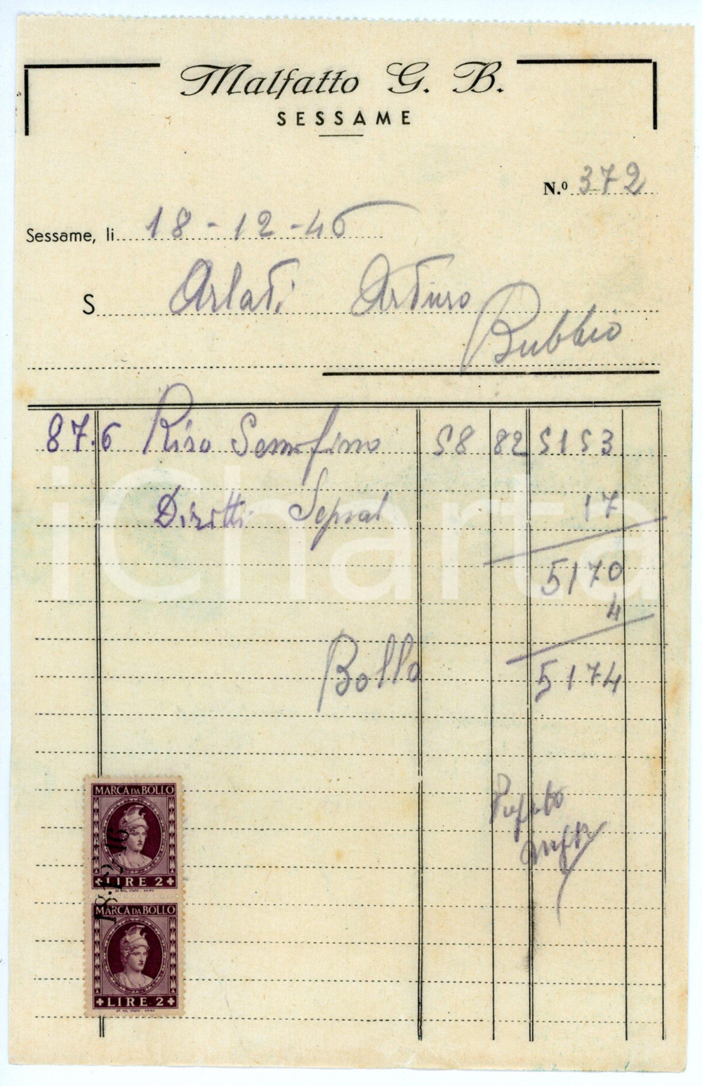 Documento originale, autentico 1946 SESSAME Alimentari G. B. MALFATTO Fattura per riso 13x21 cm 1