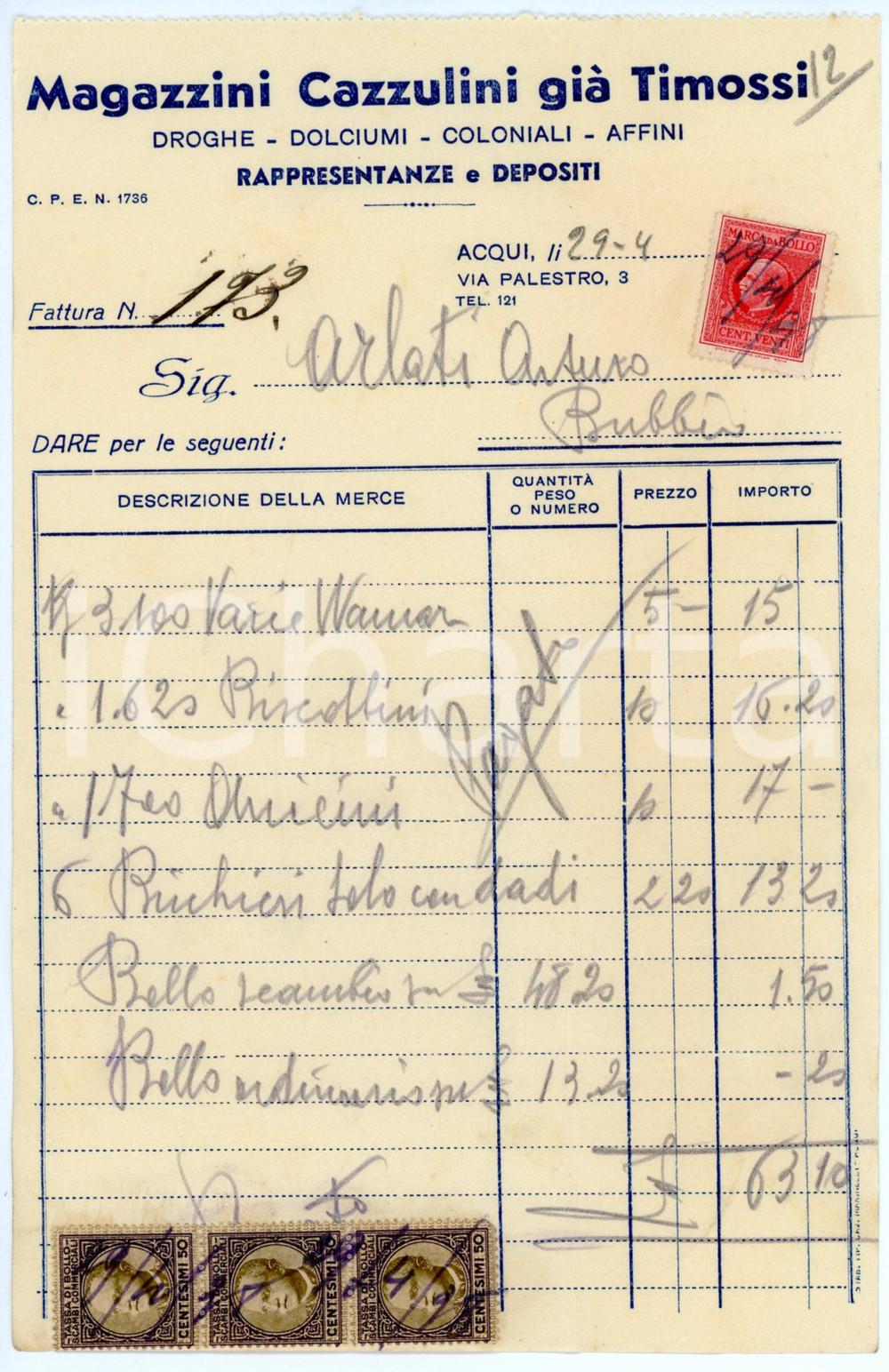Documento originale, autentico 1939 ACQUI TERME Magazzini CAZZULINI già TIMOSSI Fattura per biscottini 14x21 cm 1