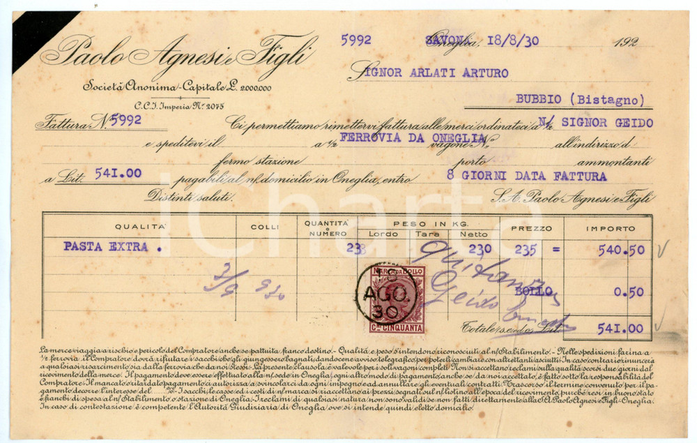 Documento originale, autentico 1930 ONEGLIA Paolo AGNESI E FIGLI Ricevuta di consegna pasta 22x14 cm 1