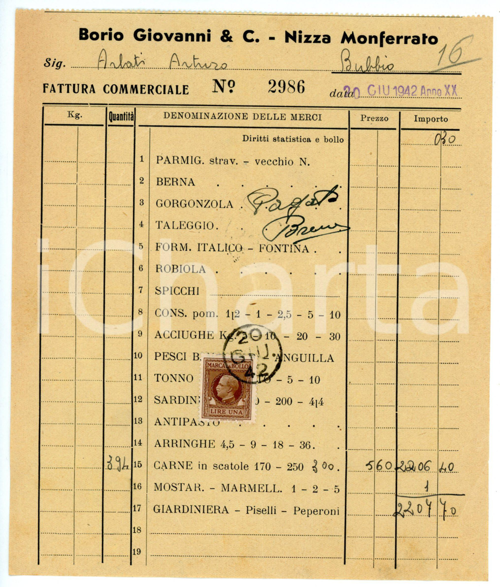 Documento originale, autentico 1942 NIZZA MONFERRATO Ditta Giovanni BORIO Fattura per carne in scatola 16x19 cm 1