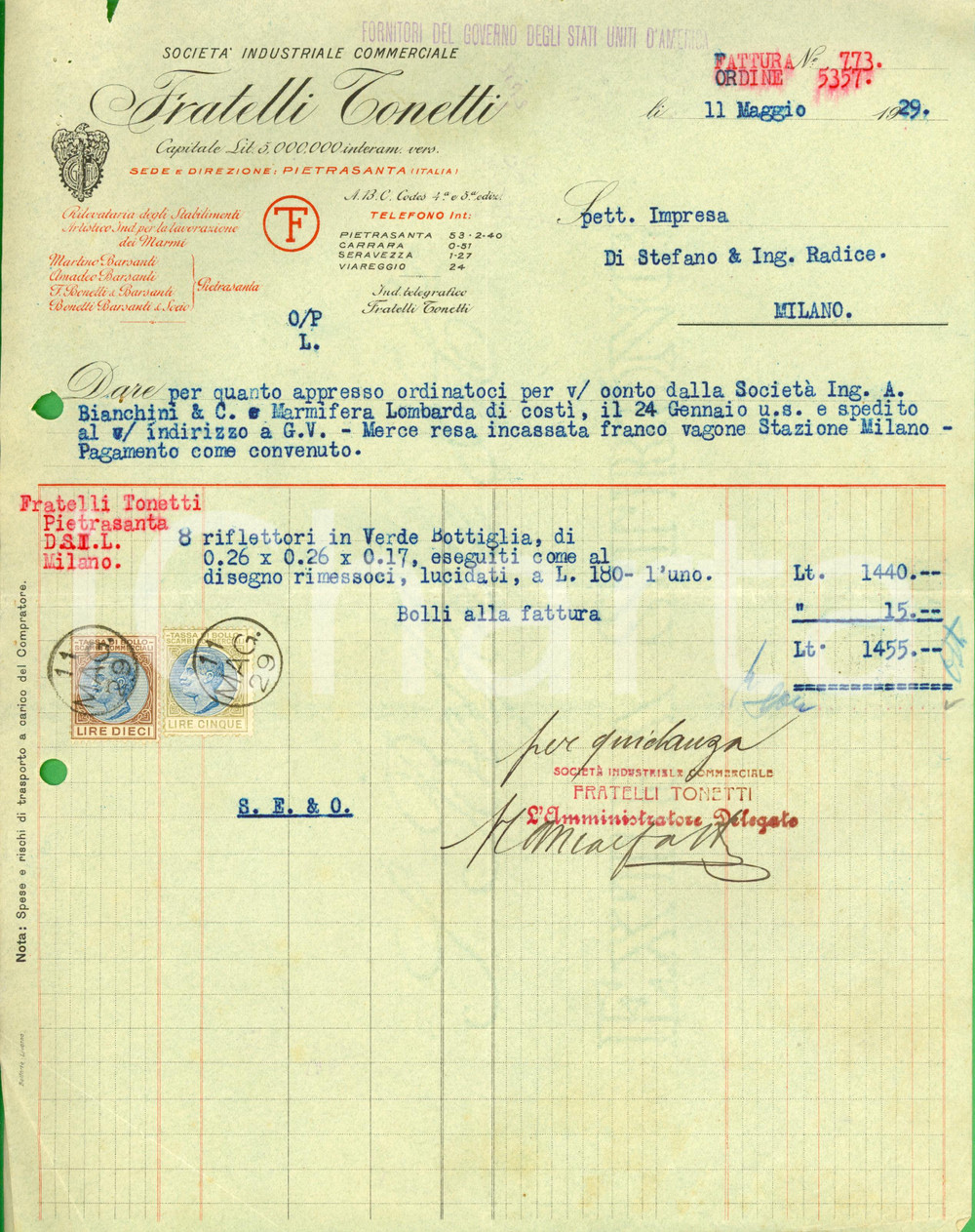 Documento originale, autentico 1929 PIETRASANTA LU Società Industriale Commerciale Fratelli TONETTI 1