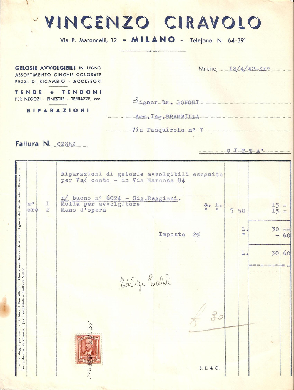 Documento originale, autentico 1942 MILANO Ditta Vincenzo CIRAVOLO Gelosie avvolgibili Tende Fattura 1