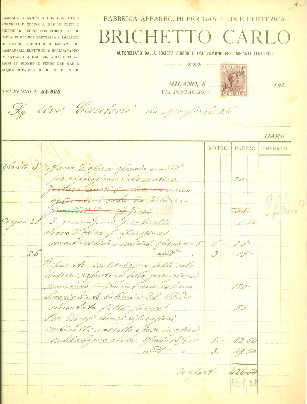 Documento originale, autentico 1920 ca MILANO Apparecchi per gas e luce elettrica Carlo BRICHETTO Fattura 1
