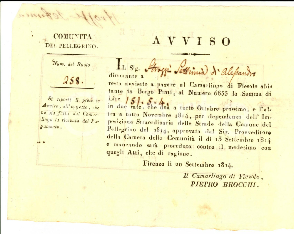 Documento originale, autentico 1814 PELLEGRINO Dipartimento dell ARNO Avviso di pagamento Settimia STROZZI 2 1