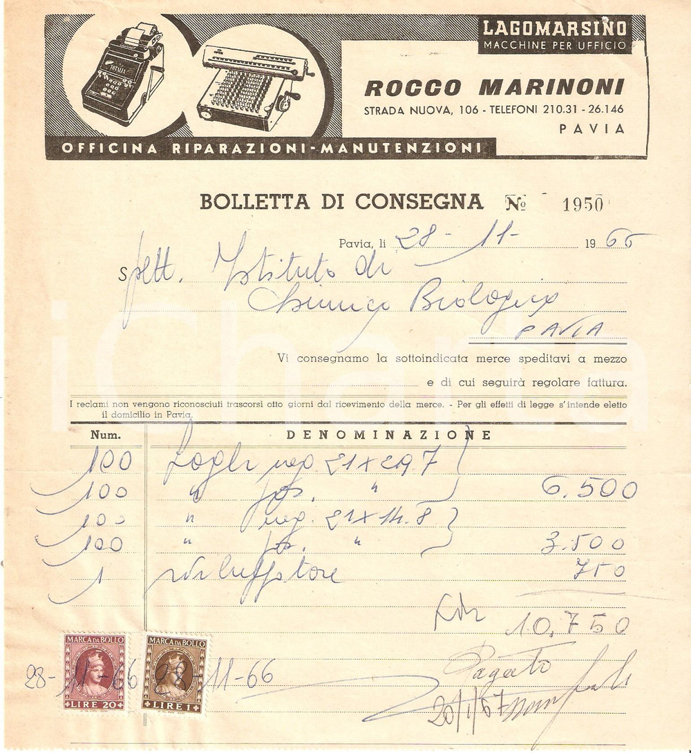 1966 PAVIA Macchine da scrivere LAGOMARSINO Officina Rocco MARINONI ^Fattura DIMENSIONI: 19x21 cmCONDIZIONI: FAIR  originale e autentica 1