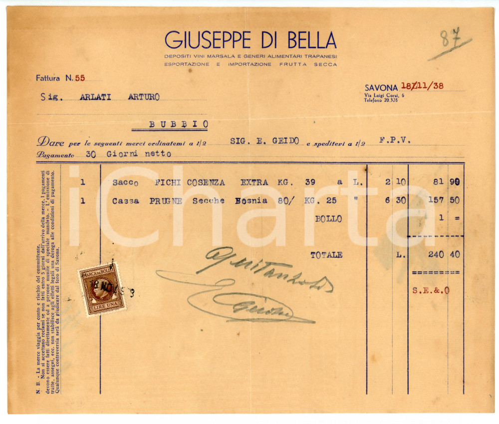 Documento originale, autentico 1938 SAVONA Ditta Giuseppe DI BELLA Fattura per fichi di Cosenza  23x19 cm 1