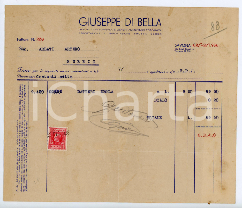Documento originale, autentico 1938 SAVONA Ditta Giuseppe DI BELLA Fattura per datteri Degla  23x19 cm 1