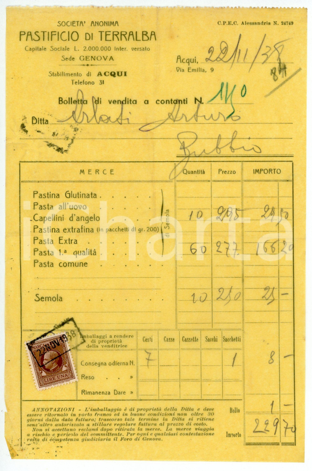 Documento originale, autentico 1938 ACQUI TERME Pastificio di TERRALBA Fattura per capelli d angelo  14x21 cm 1