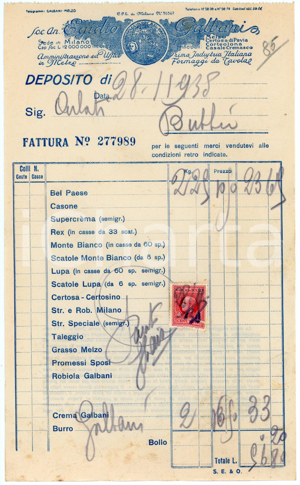 Documento originale, autentico 1938 MILANO Società Egidio GALBANI Fattura per BEL PAESE  15x25 cm 1