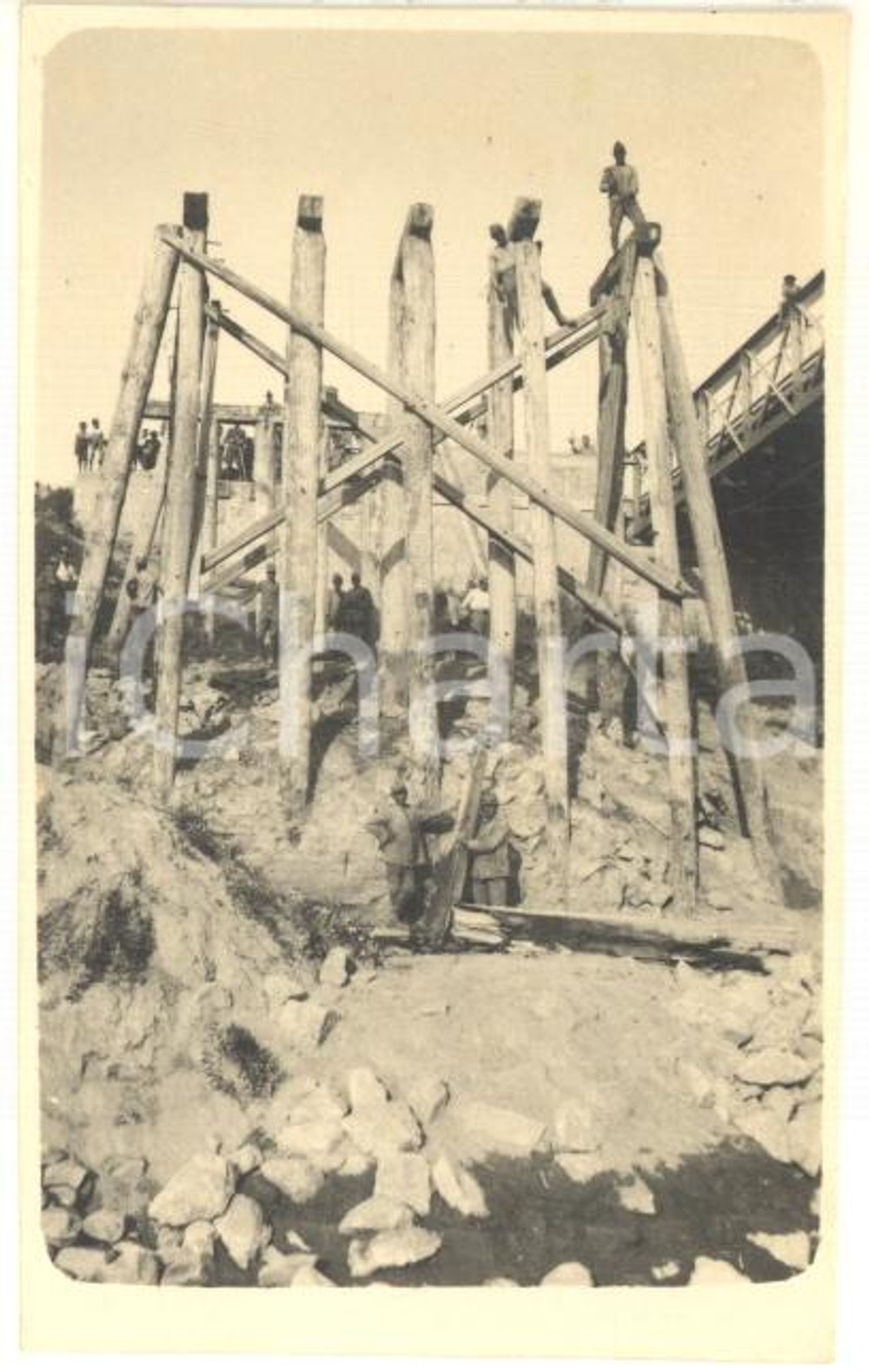 Fotografia d epoca originale 1910 ca PAVIA Costruzione Ponte della Becca  Foto RARA ANIMATA 5x8 cm 13 1