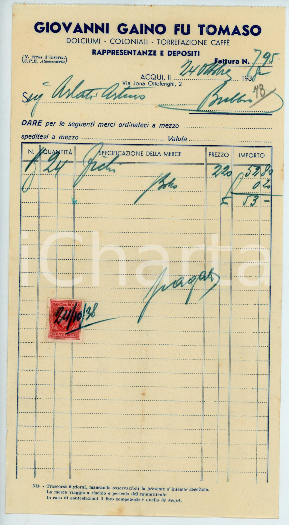 Documento originale, autentico 1938 ACQUI TERME Ditta Giovanni GAINO fu Tomaso  Fattura per fichi  14x27 cm 1