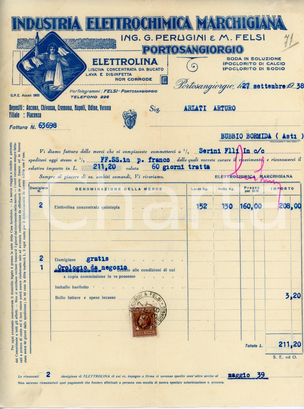Documento originale, autentico 1938 PORTO SAN GIORGIO Industria Elettrochimica Marchigiana Fattura elettrolina 1