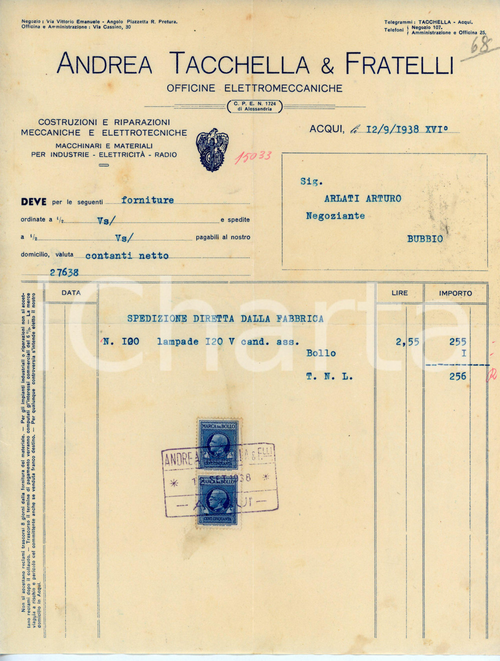 Documento originale, autentico 1938 ACQUI TERME Officine elettromeccaniche Andrea TACCHELLA e fratelli Fattura 1