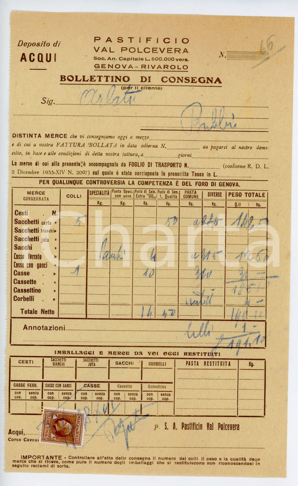 Documento originale, autentico 1938 GENOVA  RIVAROLO Pastificio VAL POLCEVERA Bollettino di consegna 1