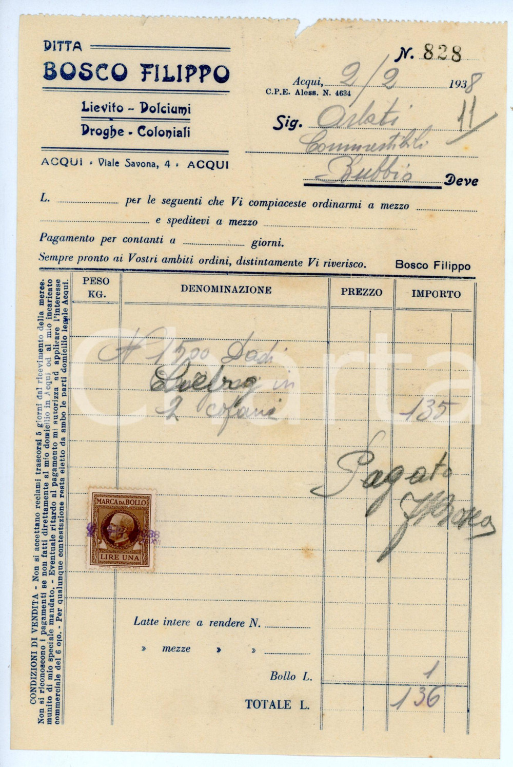 Documento originale, autentico 1938 ACQUI TERME Ditta Filippo BOSCO Fattura per dadi LIEBIG  14x21 cm 1