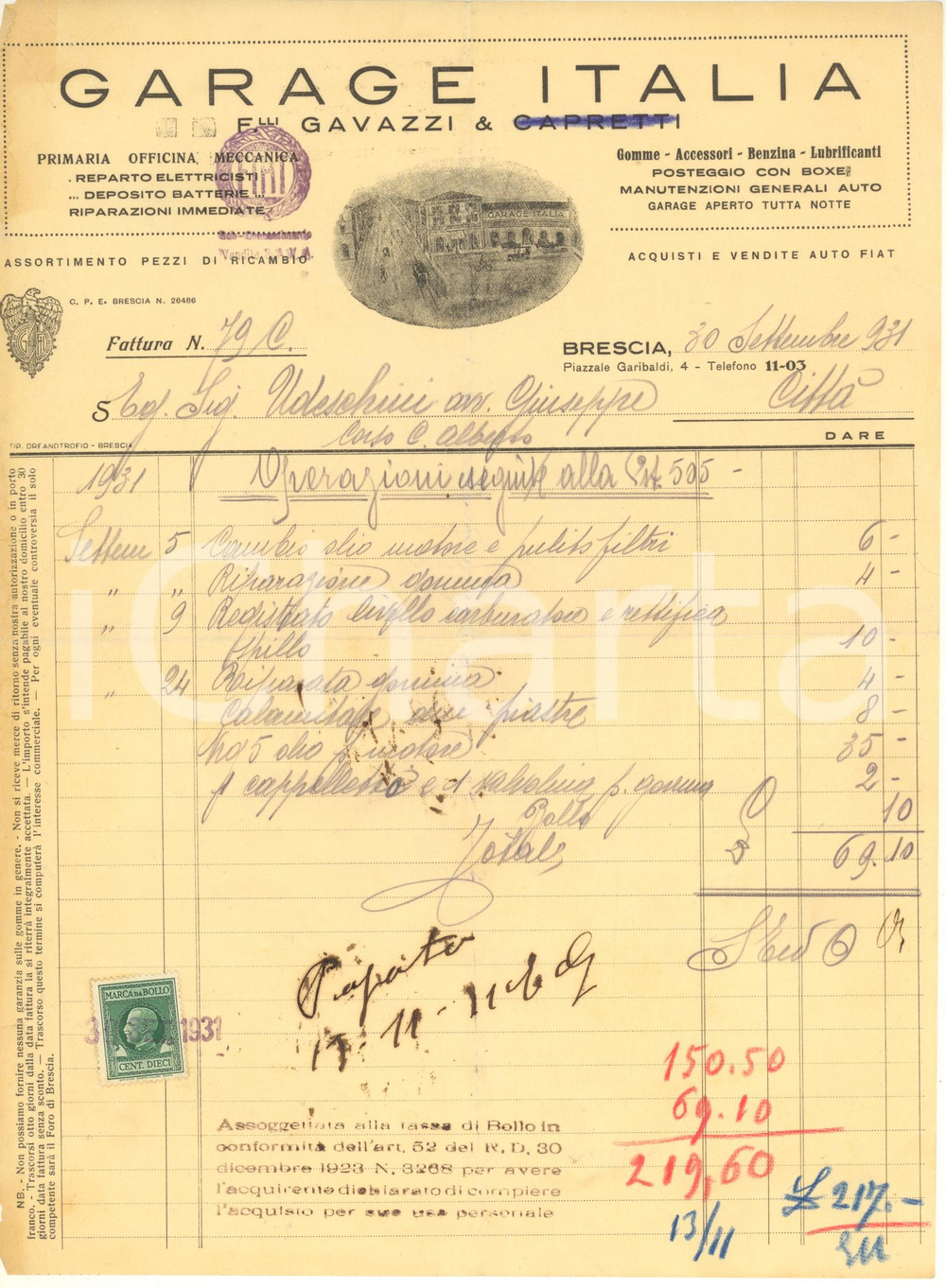 Documento originale, autentico 1931 BRESCIA Garage ITALIA F.lli Gavazzi  Fattura 21x28 cm 4 1