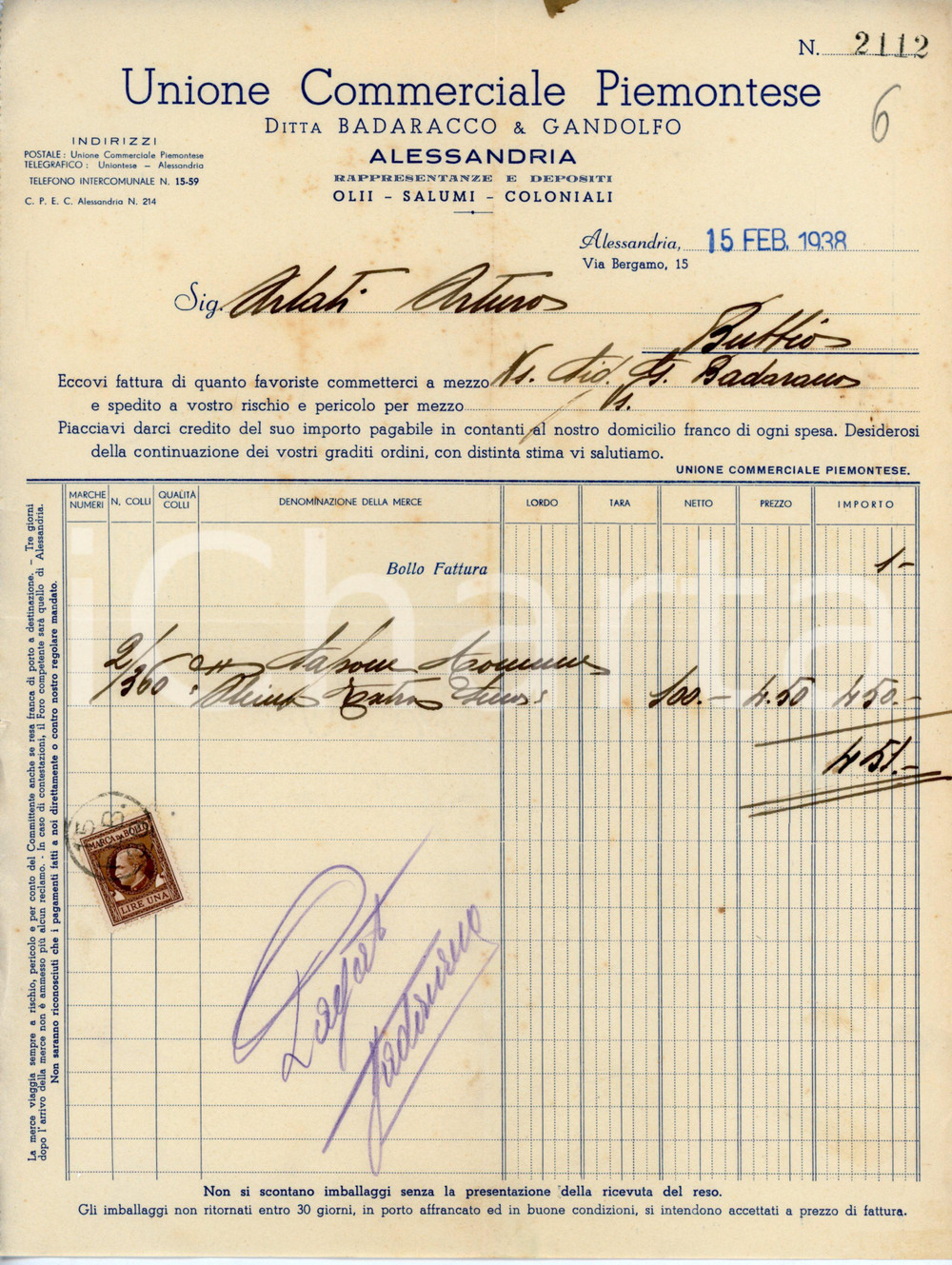 Documento originale, autentico 1938 ALESSANDRIA Unione Commerciale Piemontese BADARACCO & GANDOLFO Fattura 1