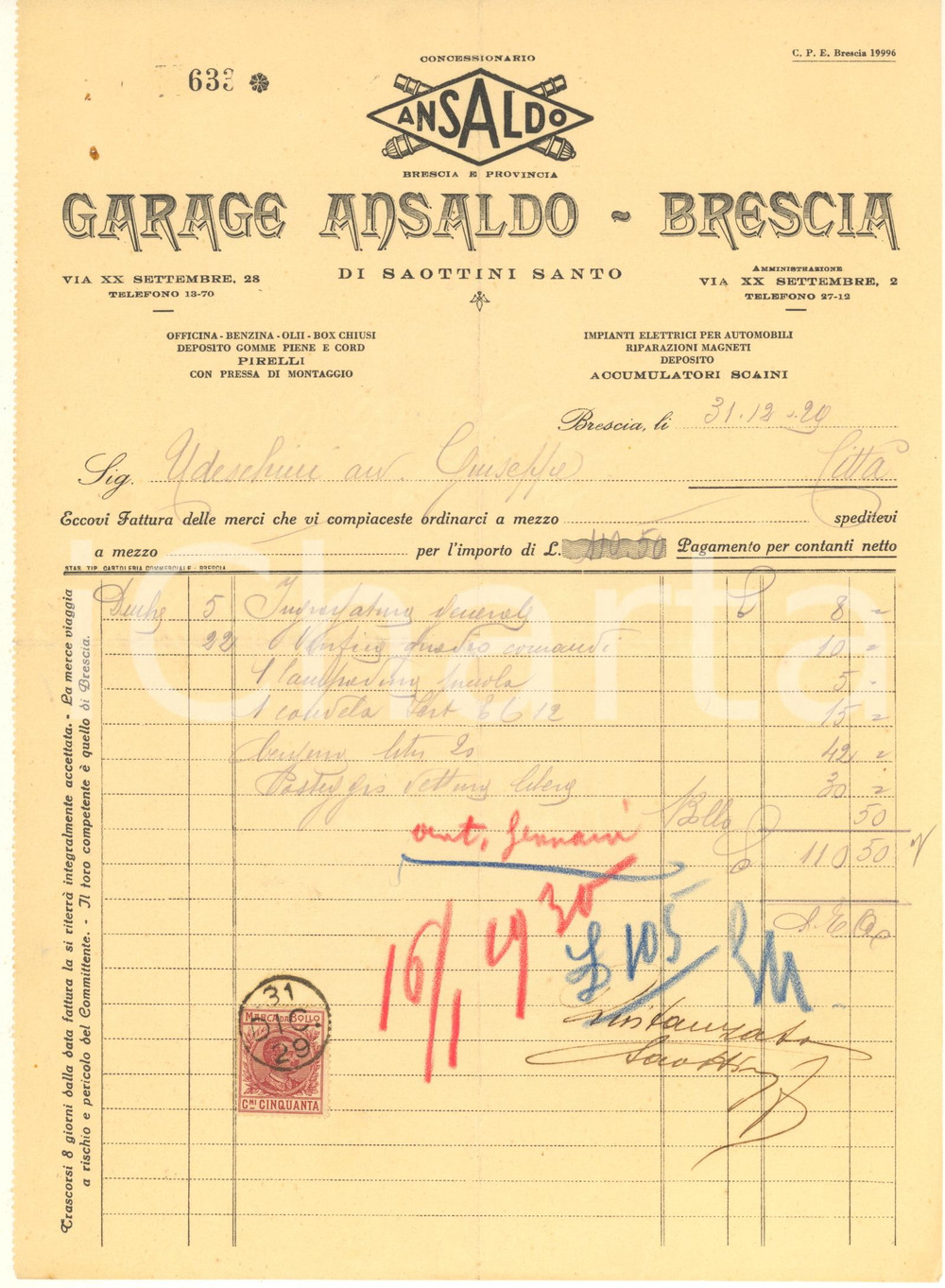 Documento originale, autentico 1929 BRESCIA Garage ANSALDO di Santo SAOTTINI  Fattura intestata 1
