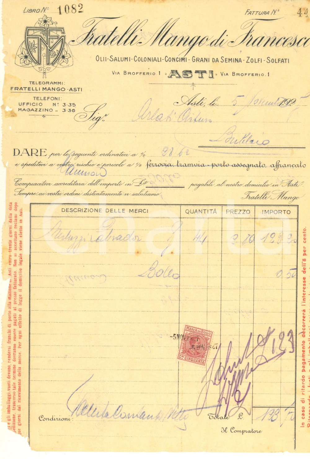 Documento originale, autentico 1927 ASTI Fratelli MANGO di Francesco  Olii  salumi Fattura intestata 1