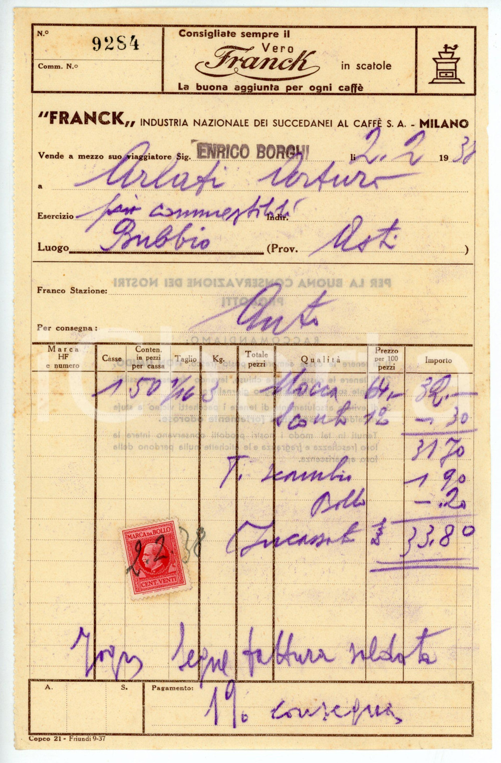 Documento originale, autentico 1938 MILANO Industria succedanei del caffè FRANCK Fattura 15x24 cm 1